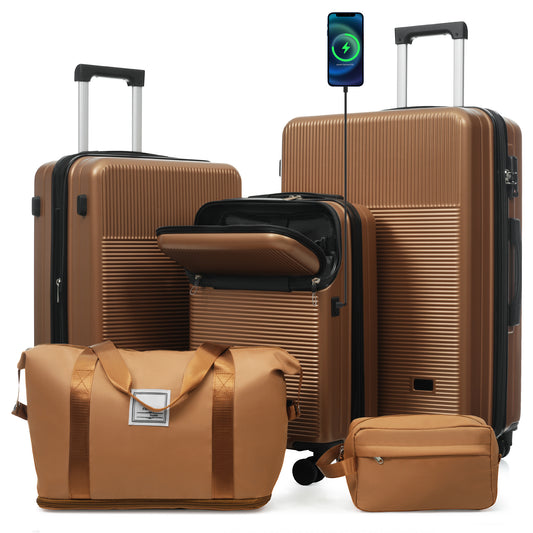 Luggage Sets 5 Piece With Half-opening, Hardside Carry On Suitcase Set With Double Spinner Wheel, Lightweight Travel Luggage With USB Port,TSA Locks