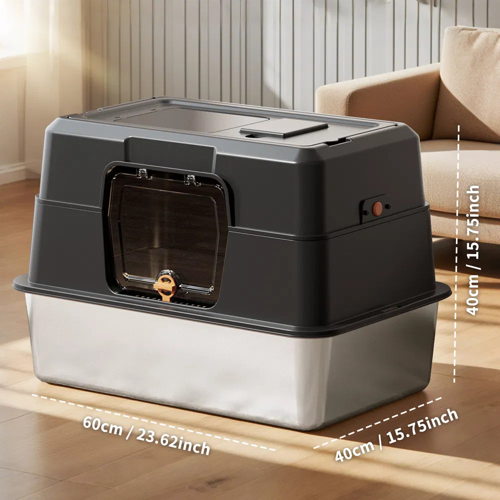 Thick Stainless Steel Fully Enclosed Black Cat Toilet, Sturdy, Bite Proof, Leak Proof, Providing Greater Comfort For Cats In Large Spaces