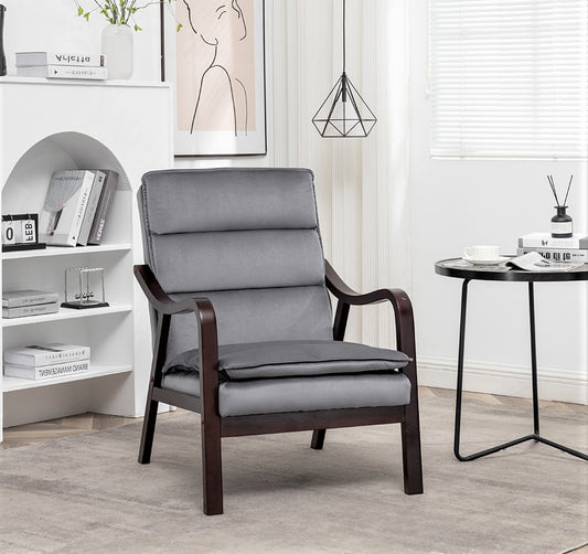 Mid-Century Modern Grey Accent Chair With Wood Armrest, Upholstered Reading Chair For Living Room Bedroom