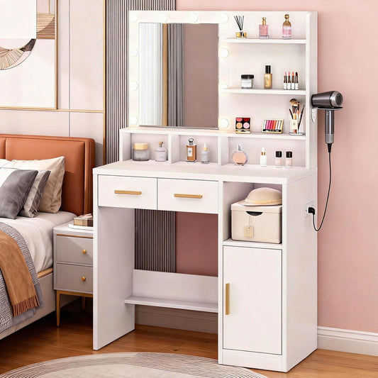 Vanity Desk White Easy Assembly Makeup Table With Mirror 3 Color LED Bulbs Power Outlet Open Storage Shelves Cabinet Drawers For Bedroom