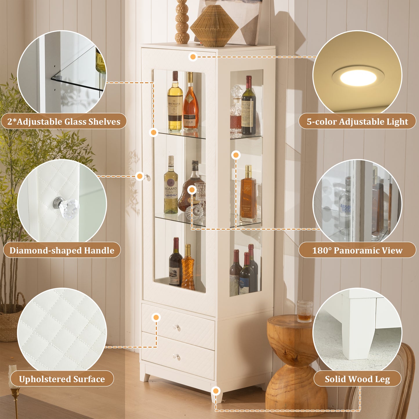 71 Freestanding Upholstered Display Cabinet, Upholstered Glass Door Cabinet With Ceiling Light,Wine Cabinet With Adjustable Shelves, For Livingroom, Kitchen, Bar & Dining Room - White