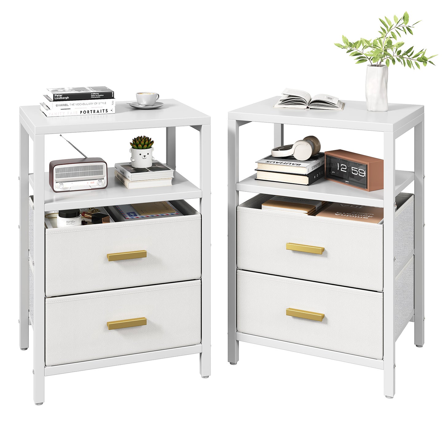 2pcs Nightstand White Modern Bed Side Table With 2 Fabric Drawers 2 Tier Shelf For Home Bedroom