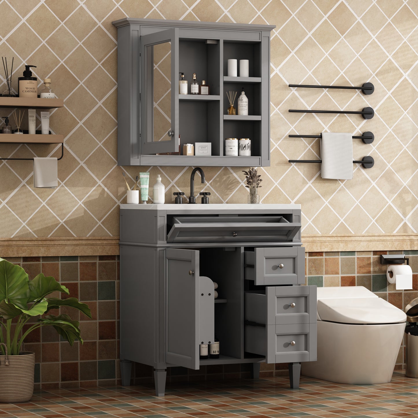30 Bathroom Vanity With Top Sink, Modern Bathroom Storage Cabinet With 2 Drawers And A Tip-out Drawer, Freestanding Vanity Set With Mirror Cabinet, Single Sink Bathroom Vanity