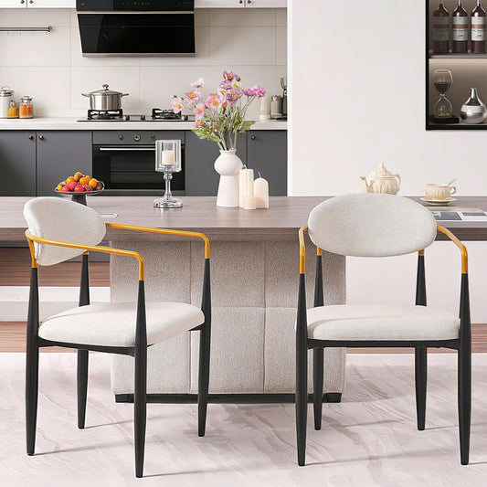Modern Upholstered Dining Chair With Gold-Accented Armrests - 22W X 21D X 30H, Ergonomic Design For Home Dining Room Or Office Use,Set Of 2 - Beige Fabric Seat & Black Metal Frame