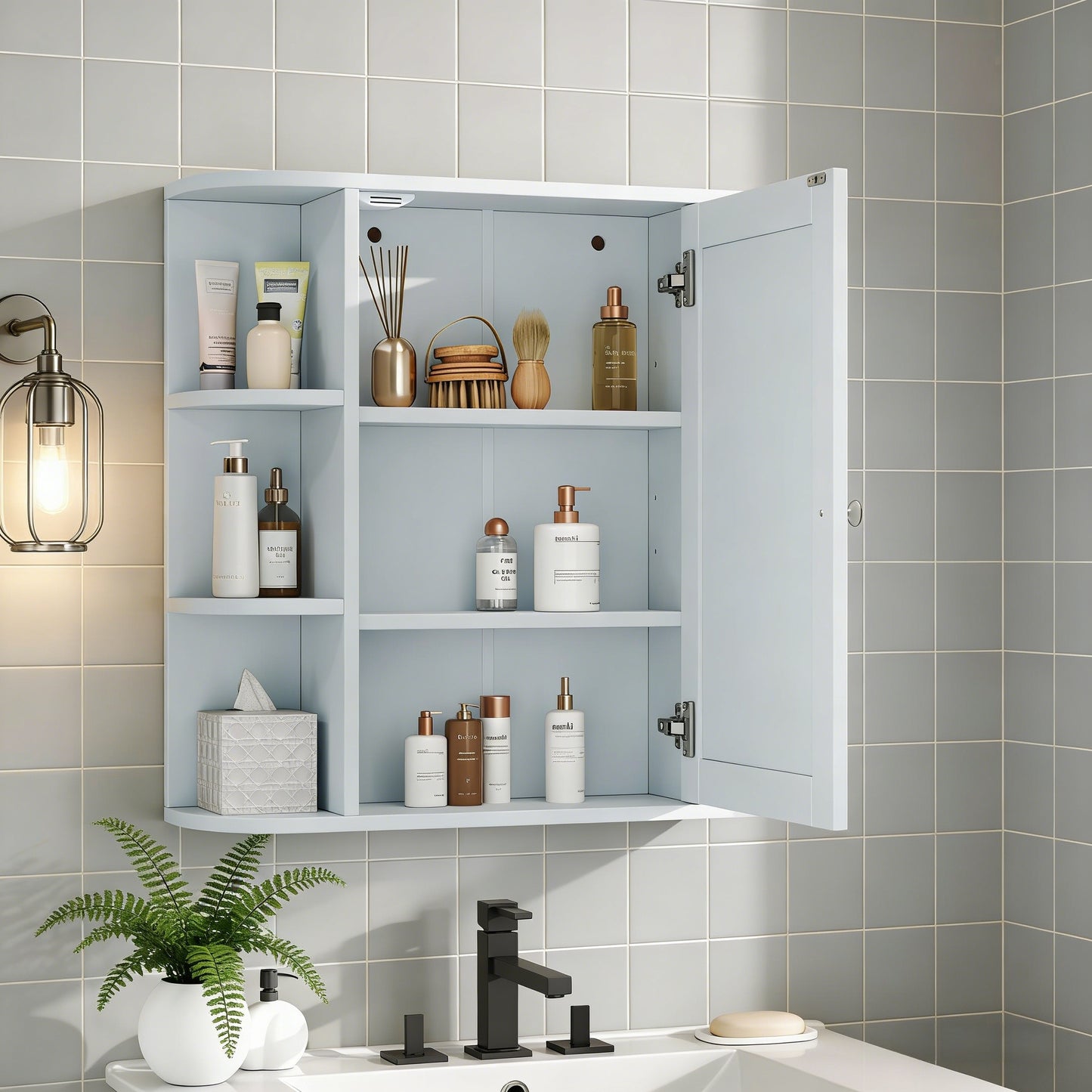 Bathroom Wall Storage Cabinet With Mirror, Medicine Cabinet With Adjustable Wood Shelf & Doors, Mounted Storage Cabinets With 6 Open Shelves, White