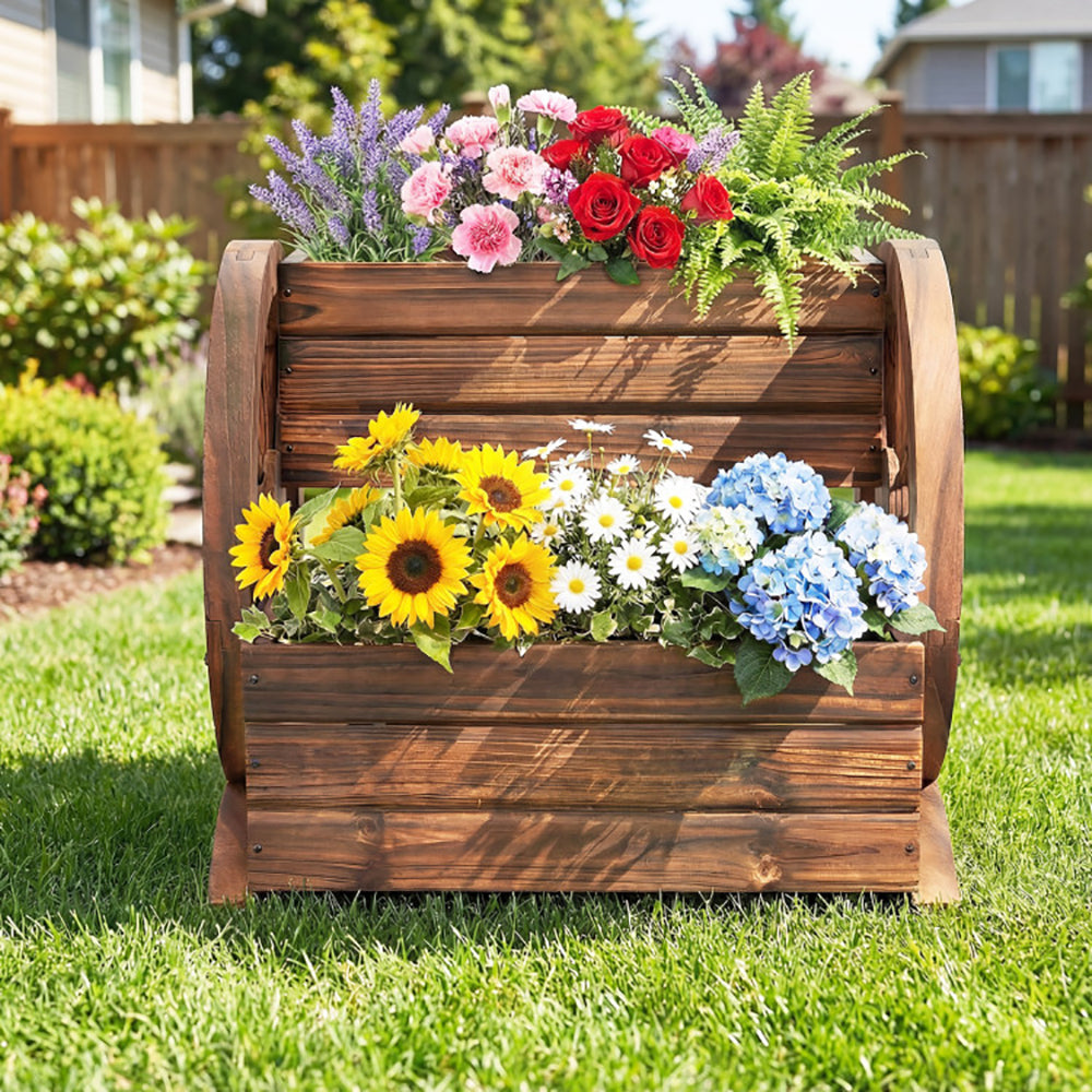 2-Tier Raised Garden Bed Rustic Wood Wagon Shape With Drainage Holes And Wheels For Growing Flowers Or Displaying Potted Plants