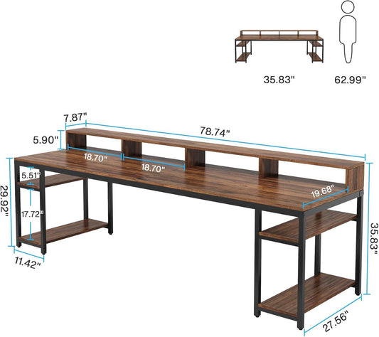 Two Person Desk With Monitor Stand, 78.74" Long Double Computer Office Desk With Storage Shelves, Large Gaming Study Writing Table
