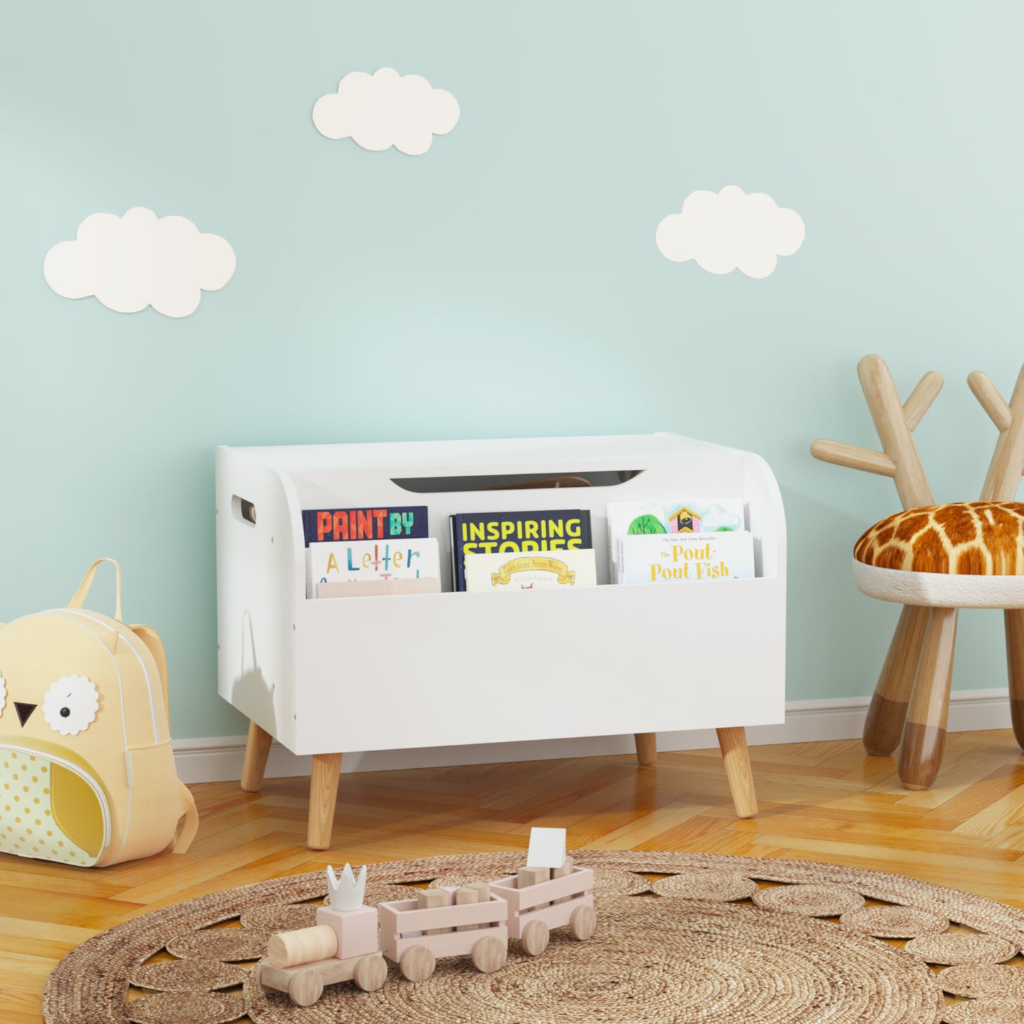 Wooden Toy Box, Kids Toy Storage Organizer With Front Bookshelf, Flip-Top Lid, Safety Hinge, Boys Girls Toy Chest Bench For Playroom Kids Room Organization White