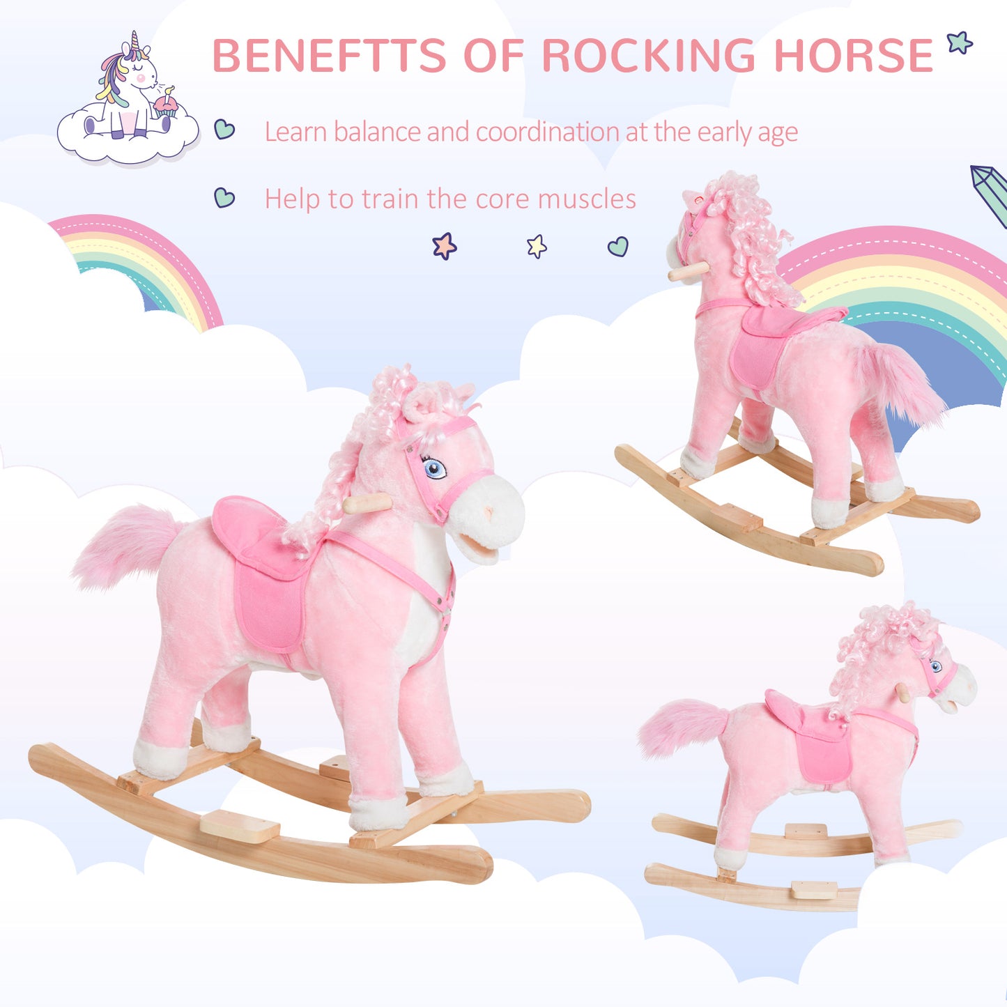Kids Ride On Rocking Horse Toddler Plush Toy With Realistic Sounds And Swinging Tail For 3 Years Old Children