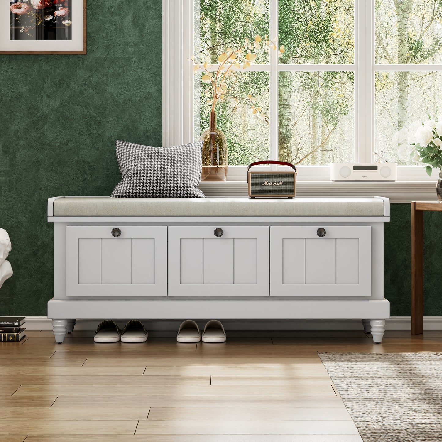 TREXM Classic Shoe Bench With Cushion And Three Drawers Fluted Entryway Bench With Storage For Living Room Entryway And Hallways Light Gray