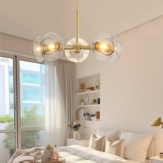 26 Modern Gold 5-Light Sputnik Chandelier With Clear Glass Shades, Mid-Century Hanging Pendant Light Fixture For Dining Room, Living Room, Or Kitchen Bulb Not Included