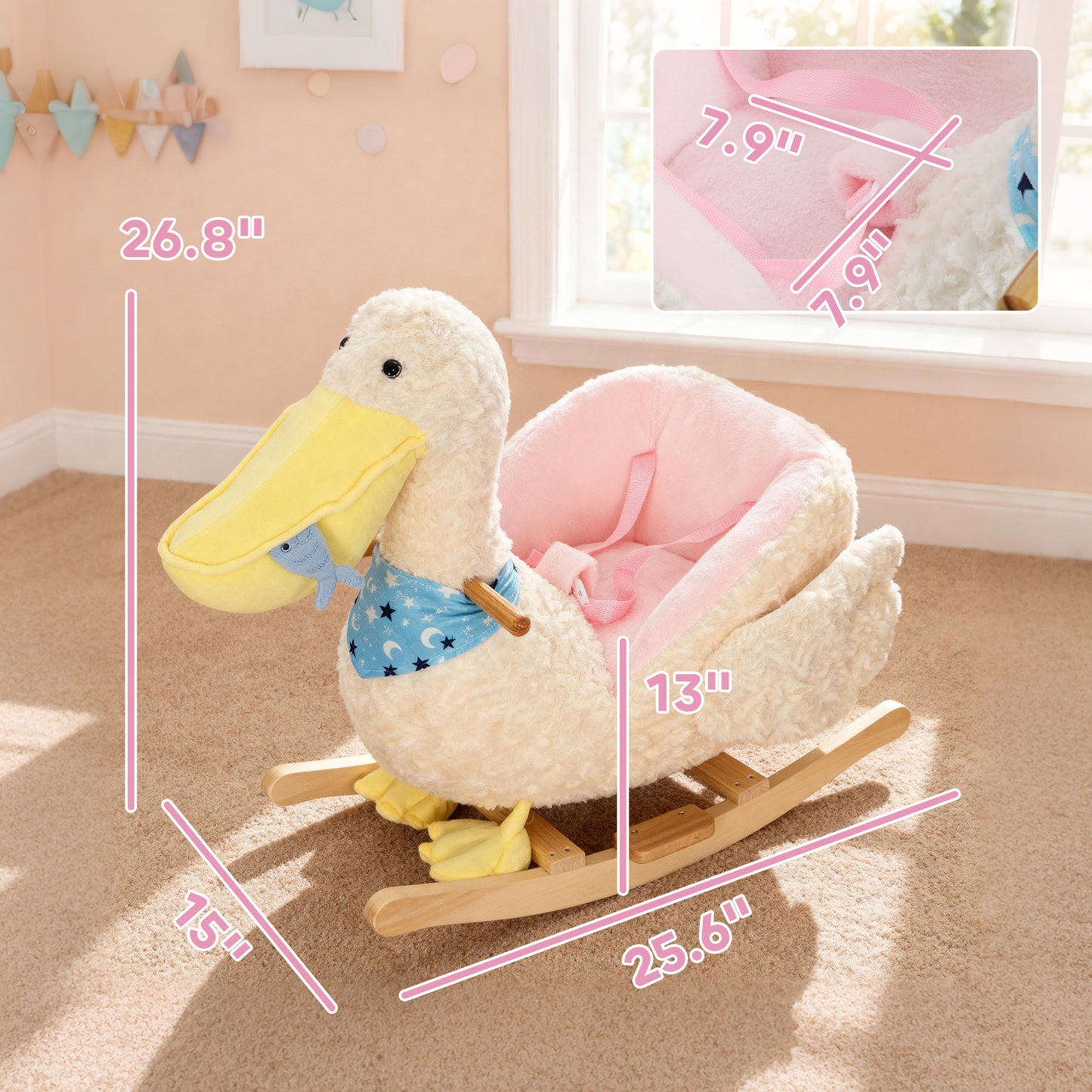 Baby Rocking Horse, Kids Ride On Pelican Rocking Horse For Toddlers 18–36 Months With Realistic Duck Sound, White