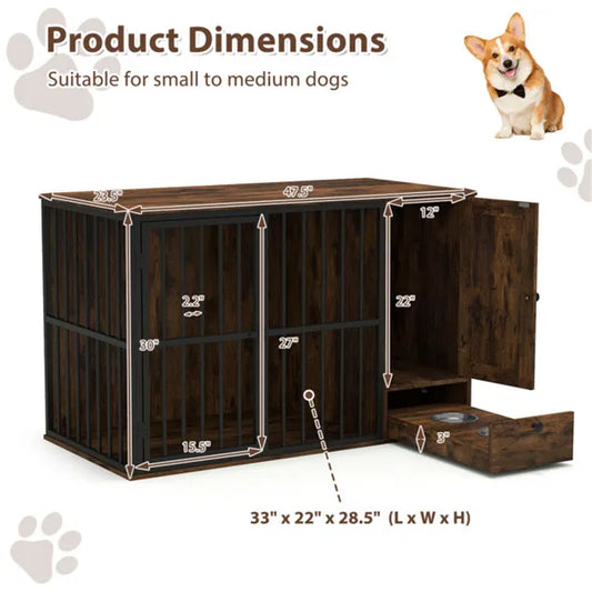 Coffee 2-in-1 Dog Crate End Table With Pull-Out Feeder, Chew-Resistant Metal Tube Pet Furniture For Small & Medium Dogs