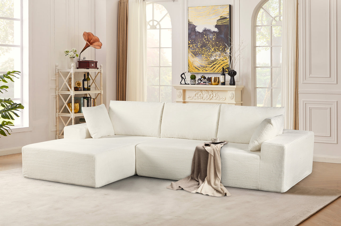 CozyForm Convertible Sectional Sofa In Soft Corduroy, Modern Comfy Couch With Full Foam Cushioning, Cozy Sleeper Sectional For Living Room, Bedroom, No Assembly Required, Ivory -Left Facing