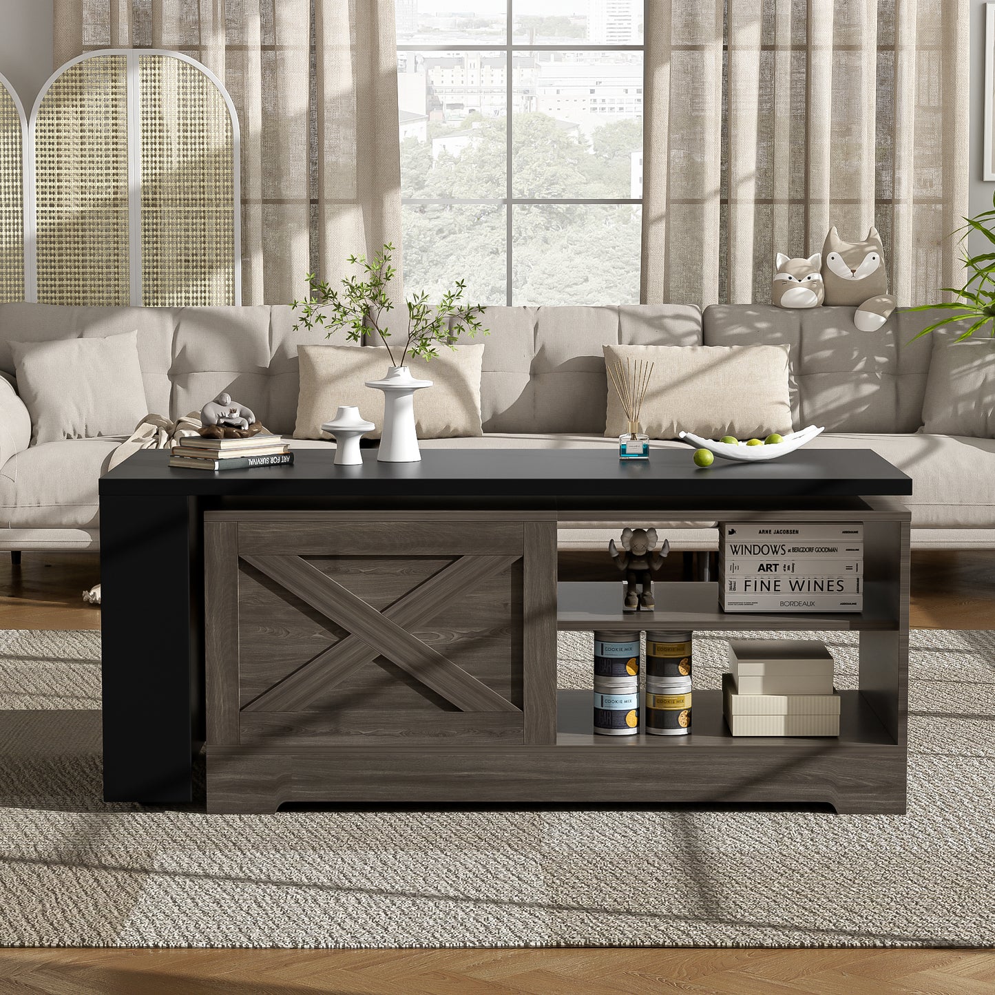 U-Can Farmhouse Lift Top Coffee Table With Barn Doors, Wood Rectangle Center Table With Large Hidden Storage Space And Open Cabinet, For Living Room, Bedroom, Home Office