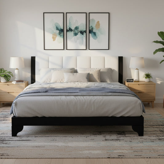Queen Size Bed Frame Black White Pine Manufactured Wood 82.7x 69.7 6-8 Mattress 500 Lbs No Box Spring Modern Bedroom Furniture