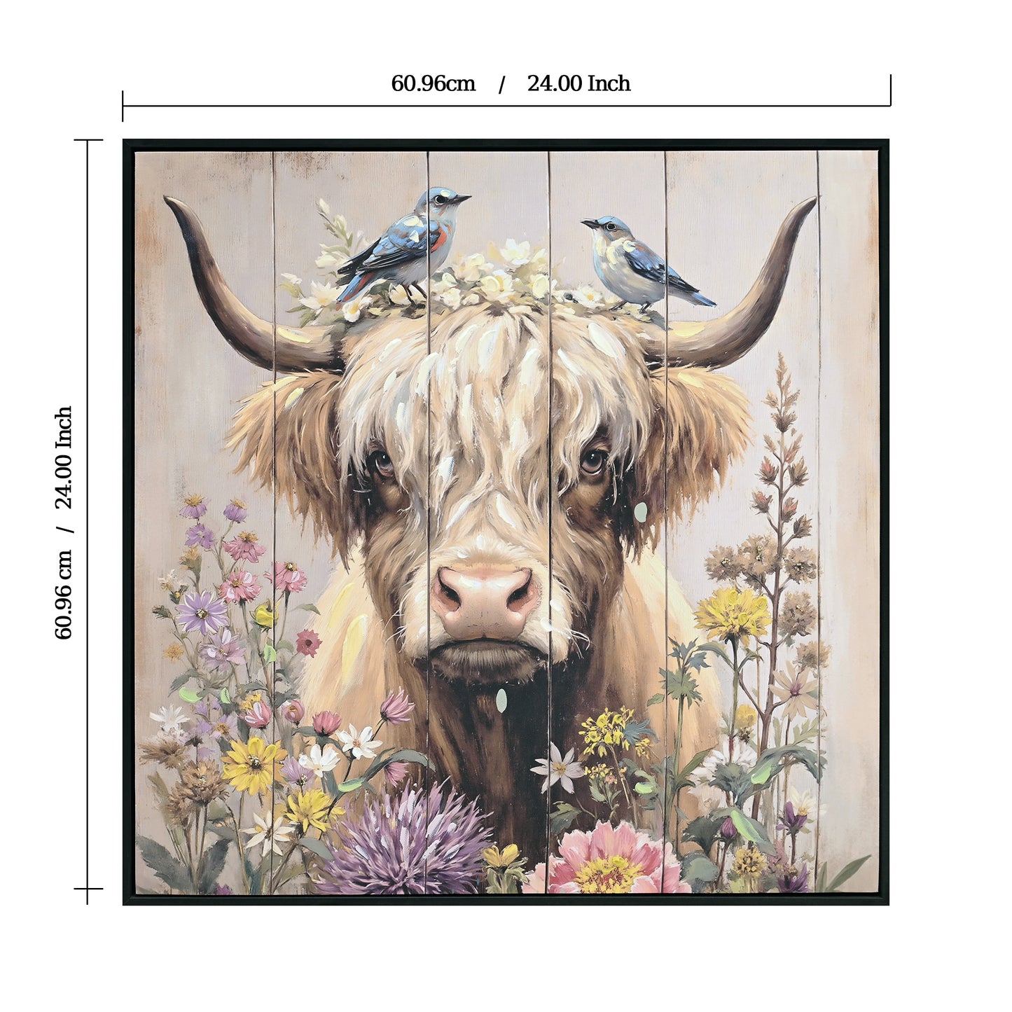 Farmhouse Highland Cow Wall Decor In Neutral Colour Rustic Cow And Chrysanthemum Picture Canvas Art Print, Gift For Bathroom Or Kitchen, Ideal Animal Artwork For Living Room 24x24INCH