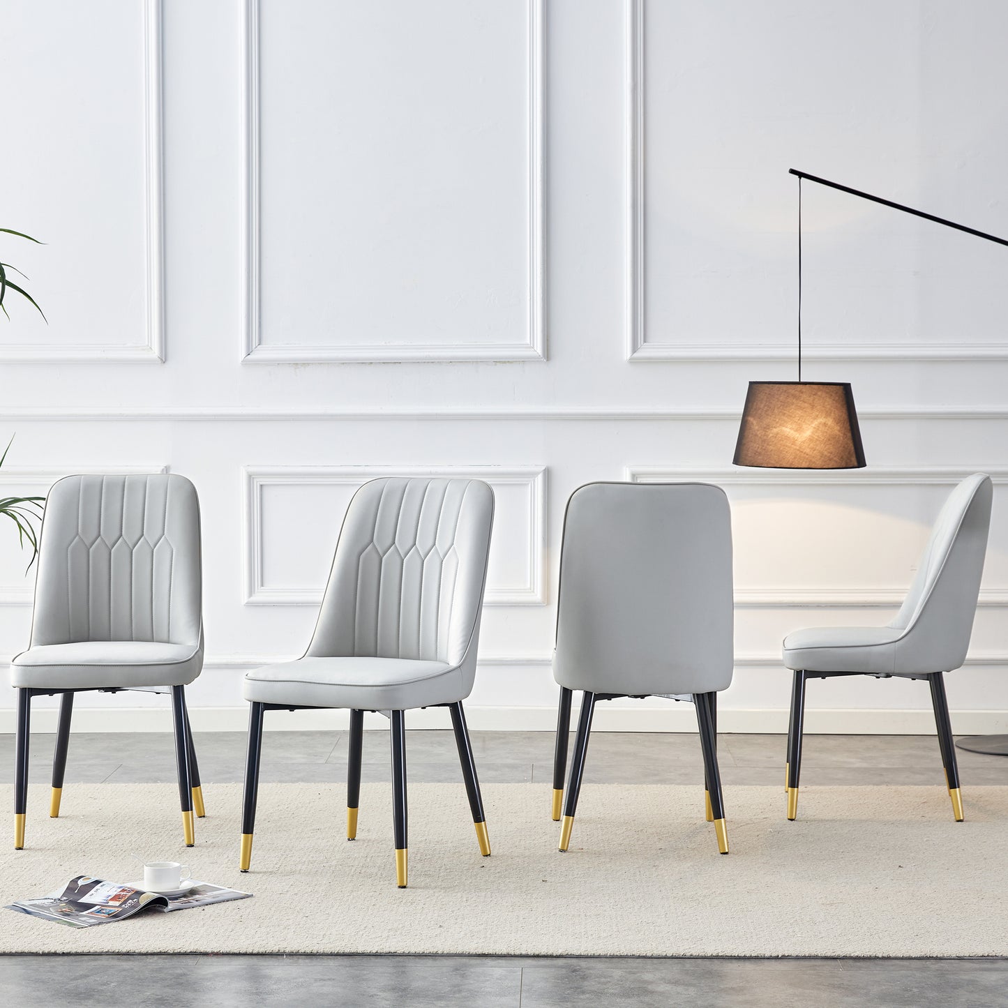 Modern Dining Chairs Are Equipped With Light Gray PU Artificial Leather Backrest Cushions And Black Metal Legs, Suitable For Restaurants,kitchens,and Bedrooms.Set Of 4pieces Light Gray PU
