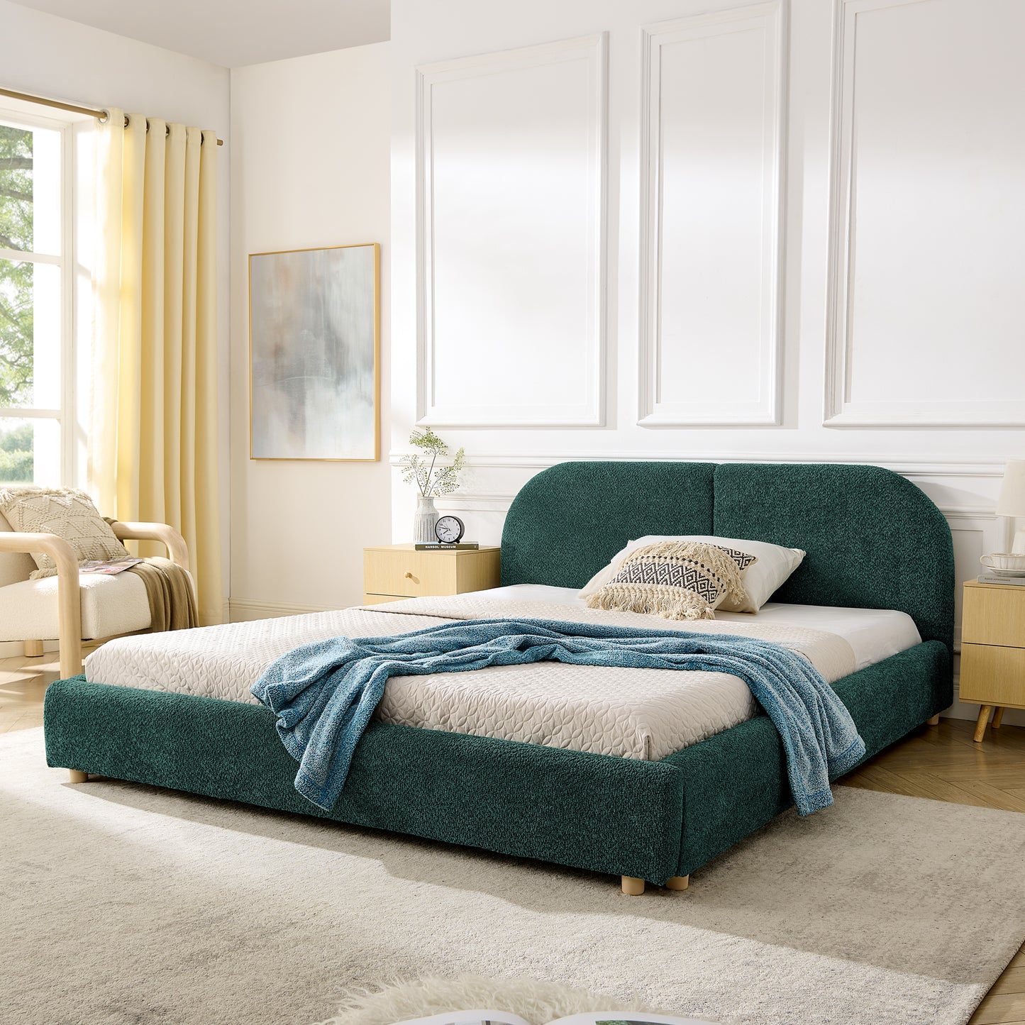 Queen Size Upholstered Bed Frame, Modern Minimalist Style With Tall Curved Headboard, Premium Circle Yarn Fabric & Sturdy Leg Support, Mattress Not Included-Green