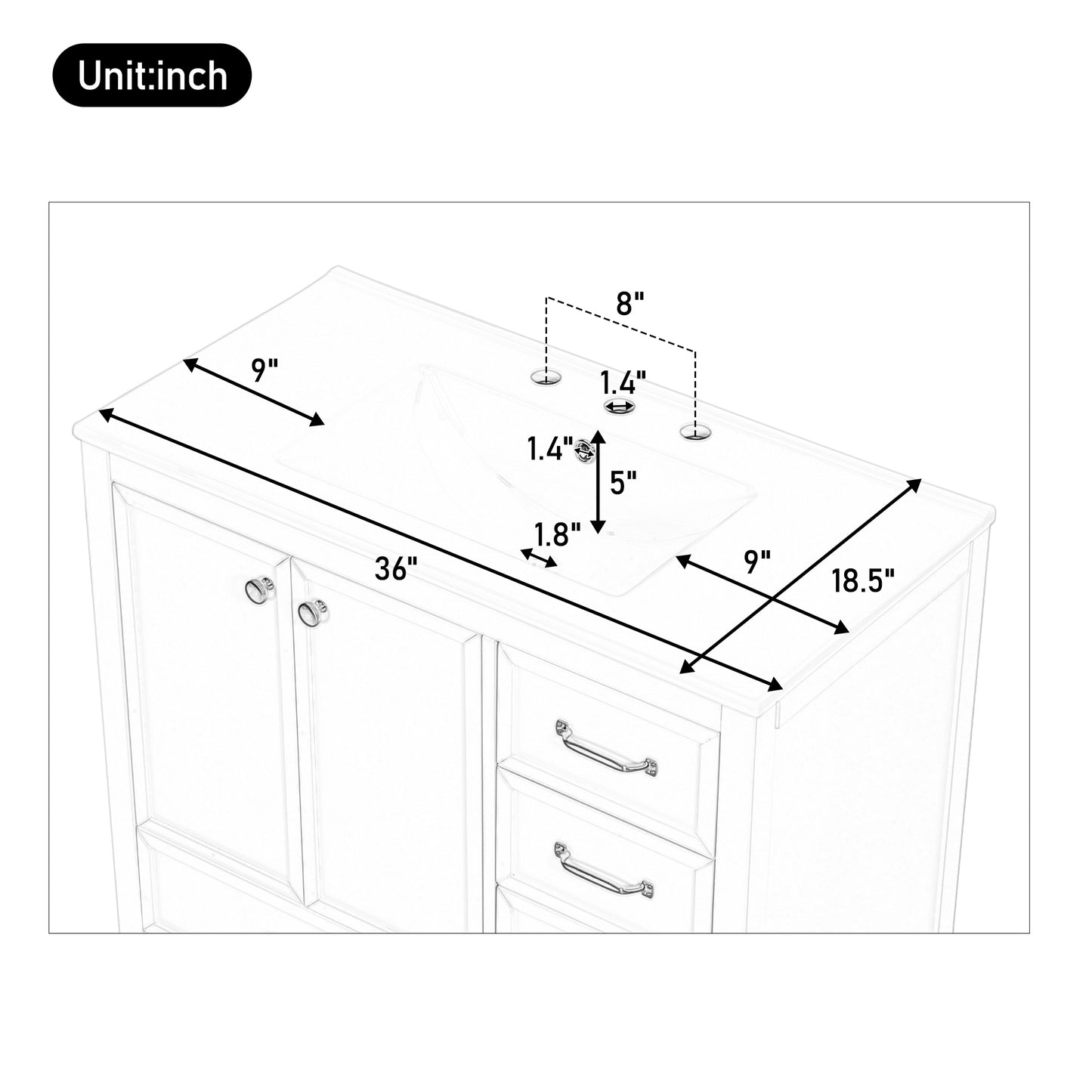 36 Bathroom Vanity With Sink, Bathroom Cabinet With Soft-Closing Door, 4 Drawers Of Different Sizes, Solid Wood Frame And Leg, Two Packages, Blue