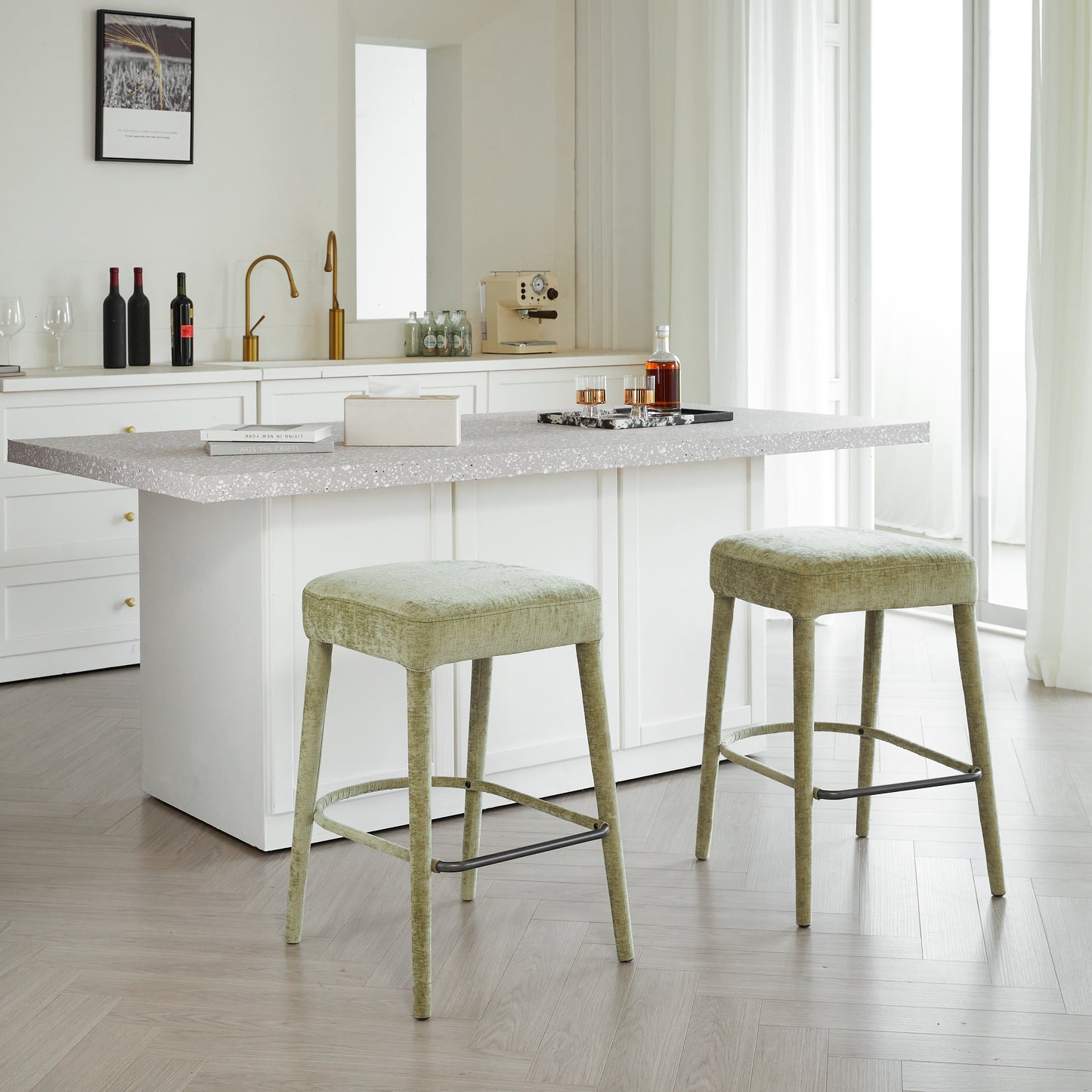 Backless Light Green Upholstered Fabric Bar Stool - Padded Seat With Sturdy Legs & Footrest Space-Saving Seating For Kitchen Island Dining Counter & Home Pub 2 Sets