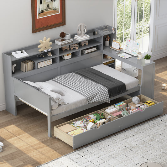 Wooden Twin Size Daybed With Storage Shelves, Multi-functional Bed With Two Storage Drawers And Study Desk, Gray