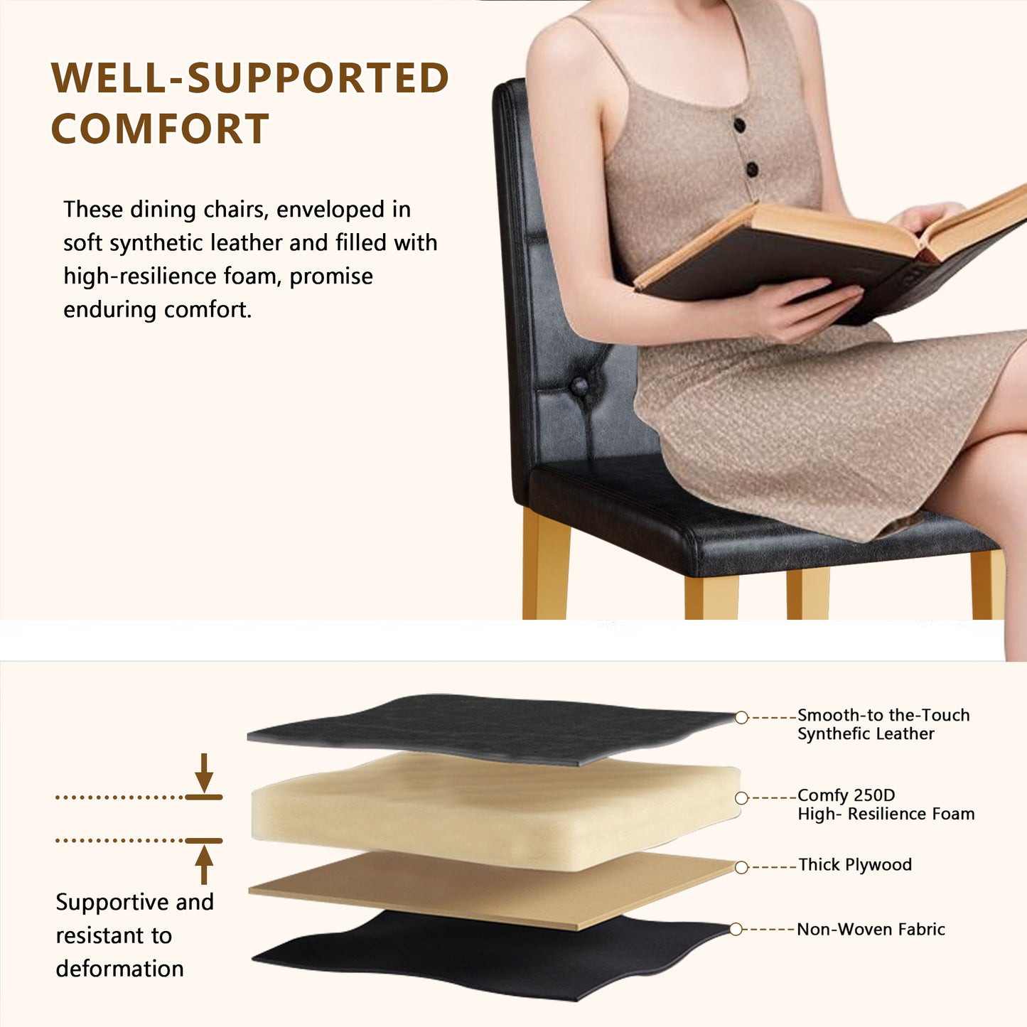4-pack Black PU Dining Chairs Ergonomic Buckle Backrest, 35 Inches High, Golden Metal Legs,Combines Comfort And Texture.Perfectly Suitable For Family Dining Rooms, Hotel Banquet Halls,etc.