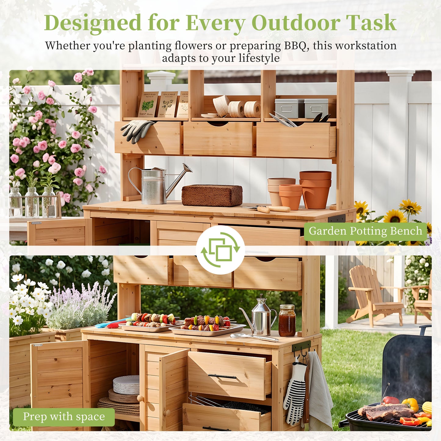 With Assembly Video TOPMAx Farmhouse Patio Potting Bench 44.6 X19.5 Large Freestanding Garden Workstation With 6 Drawers Bottom Cabinet And Side Hook Outdoor Kitchen Island Natural Wood
