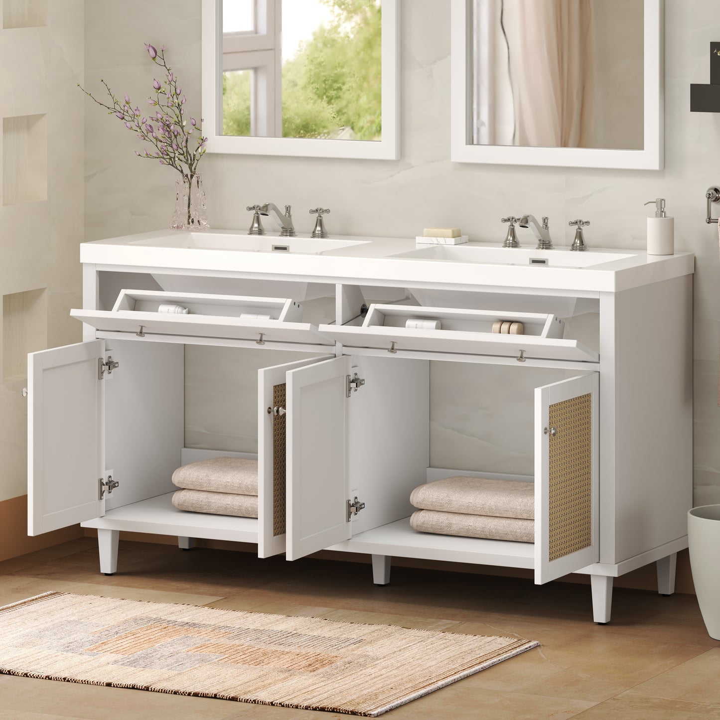 60 Inch Bathroom Vanity With Double Sink SMC Sink , Large Storage Space With 2 Tip-Out Trays Flip-Out Drawers And 4 Soft Closing Doors, Solid Wood Legs And Silver Metal Knobs, White