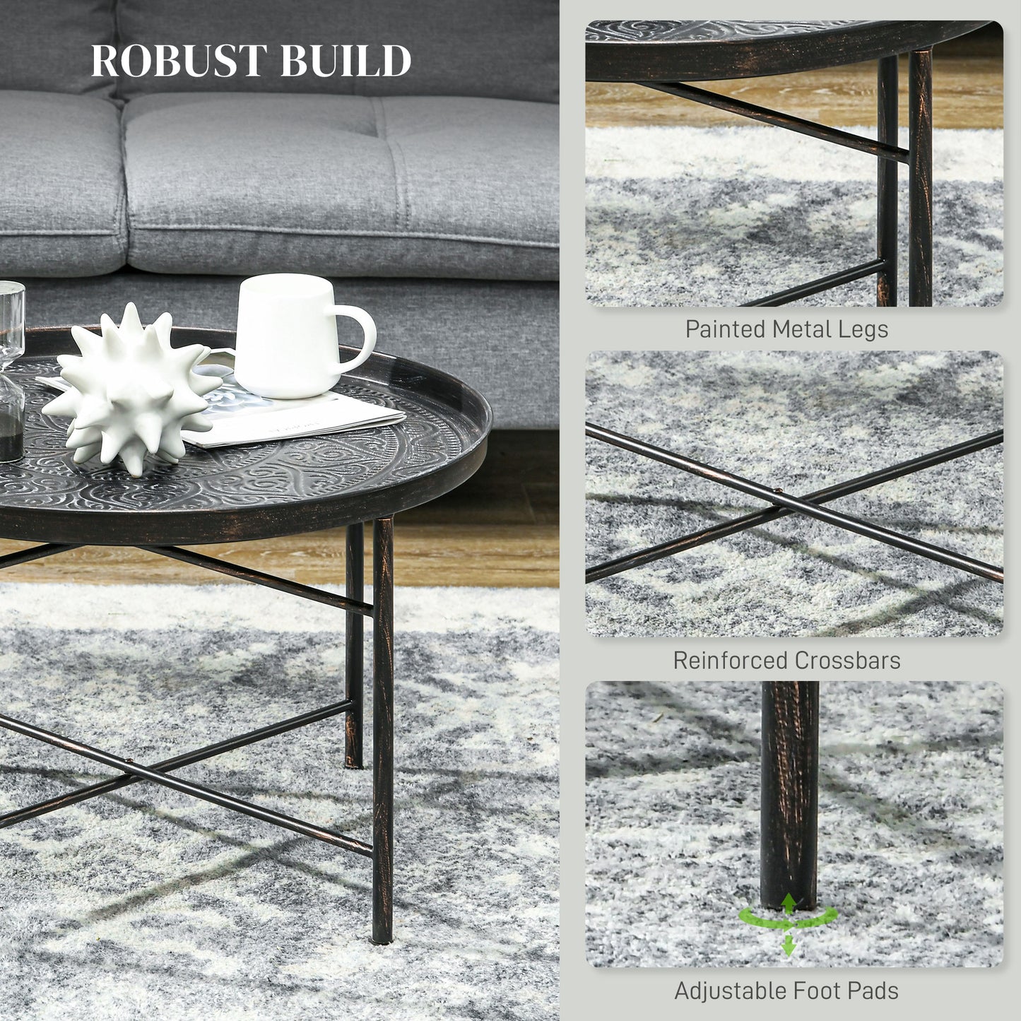Coffee Table For Living Room, 24" Round Center Table With Hammered Tray Top And Metal Frame For Bedroom, Pewter