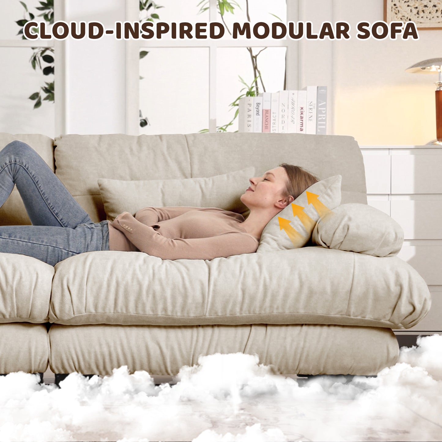 Cloud Couch Sleeper Sofa For Living Room, Chenille 2 Seater Sofa With 2 Lumbar Pillows And 2 Throw Pillows , Upholstered Wide Arm Sofa With 2 Ottomans,Chenille Light Coffee