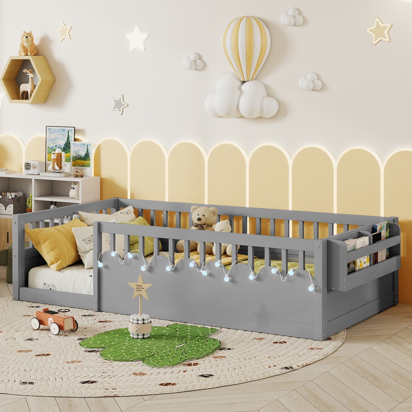 Twin Montessori Floor Bed Frame With High Rails, Wood Kids Floor Beds With Light And Storage Shelf, Gray Expect Arrival Date 2025 8 15