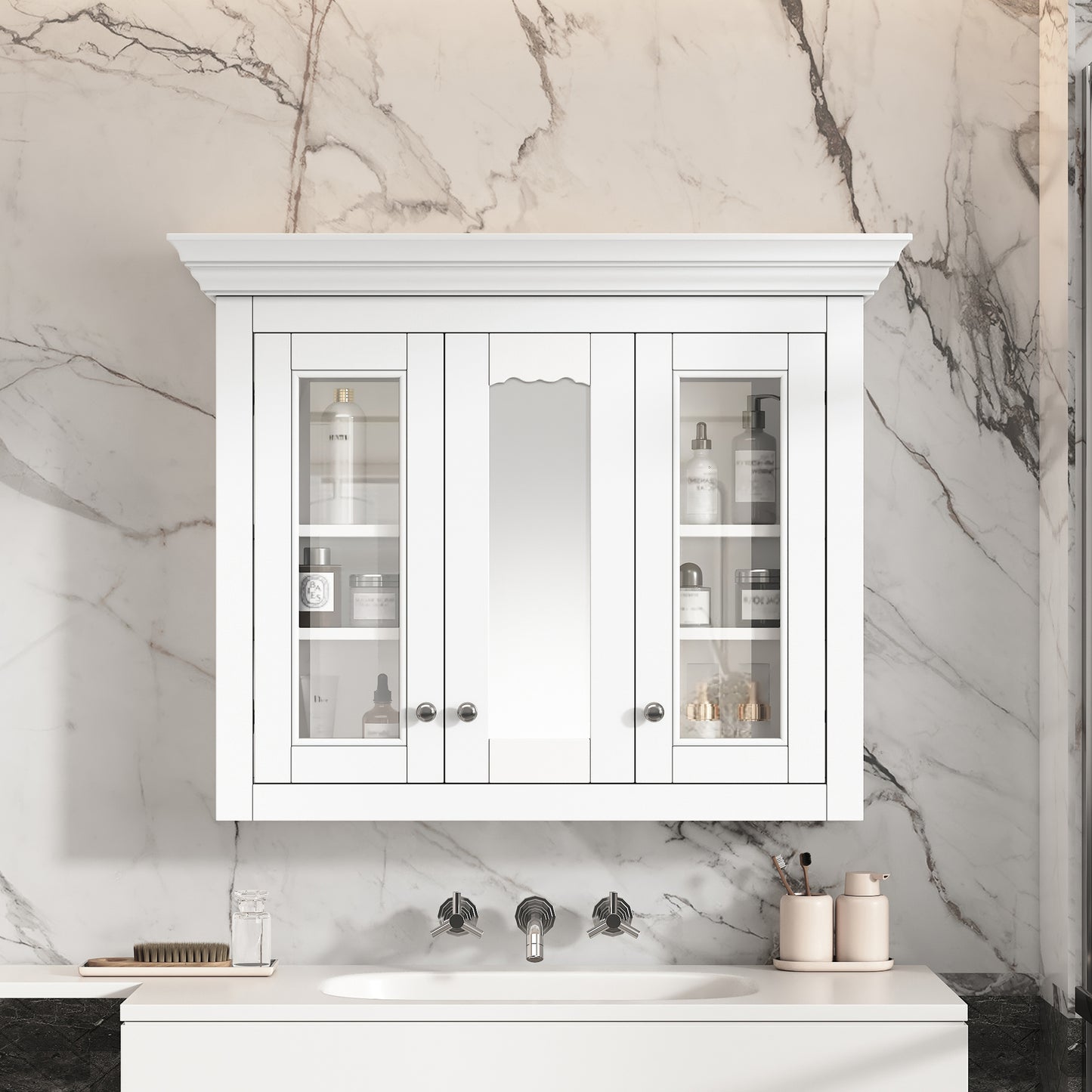 35 Bathroom Medicine Cabinet With Mirror, 5 Closed & Adjustable Shelves, Bathroom Wall Mounted Storage Cabinet With Glass Doors