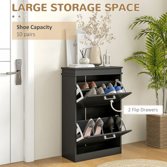 Modern Shoe Storage Cabinet With 2 Flip Drawers For 10 Pairs, Narrow Shoe Organizer For Entryway, Hallway, Black