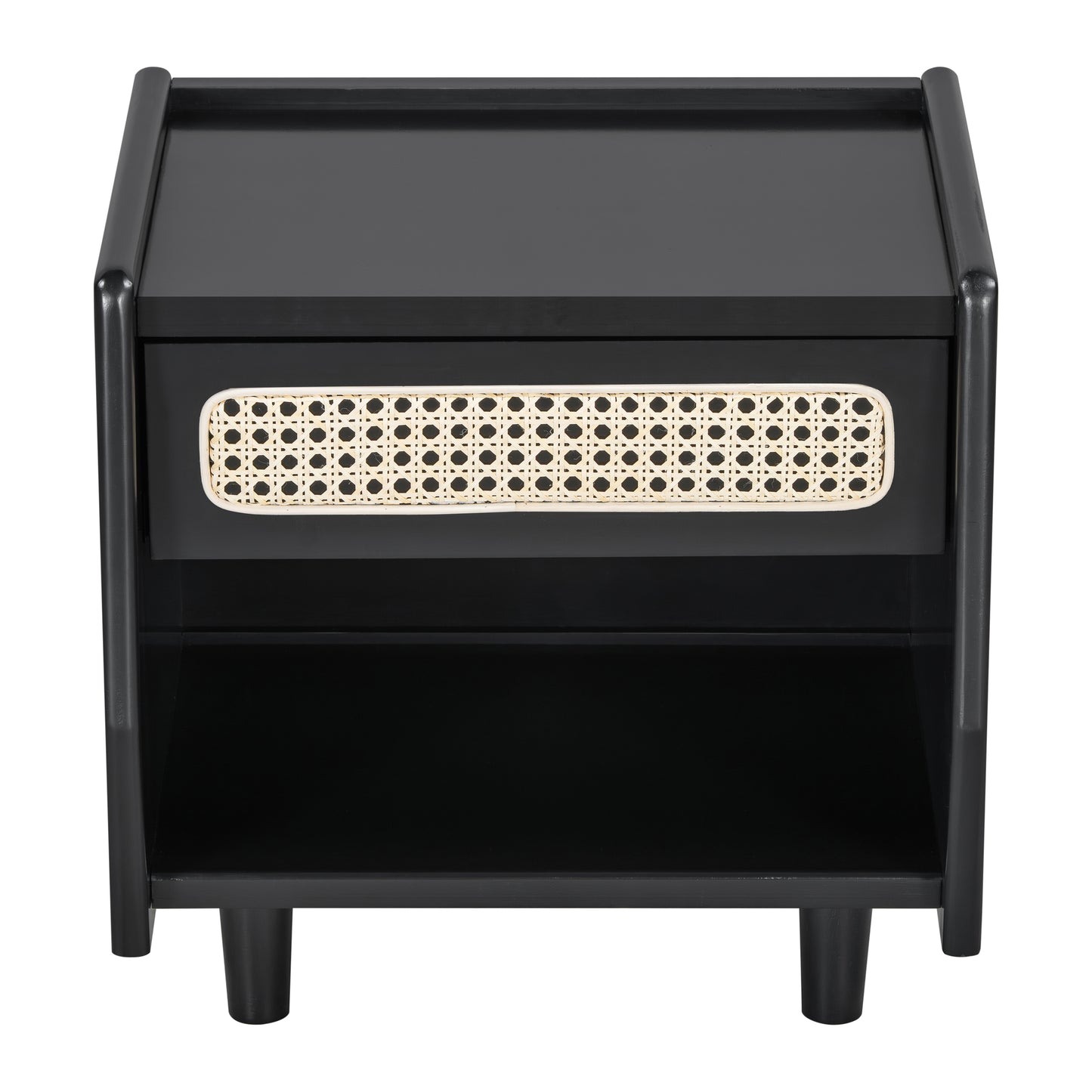 Black Nightstand With Rattan Detail, MDF Solid Wood, Modern Bedroom Storage, Open Shelf & Drawer, Indoor Furniture