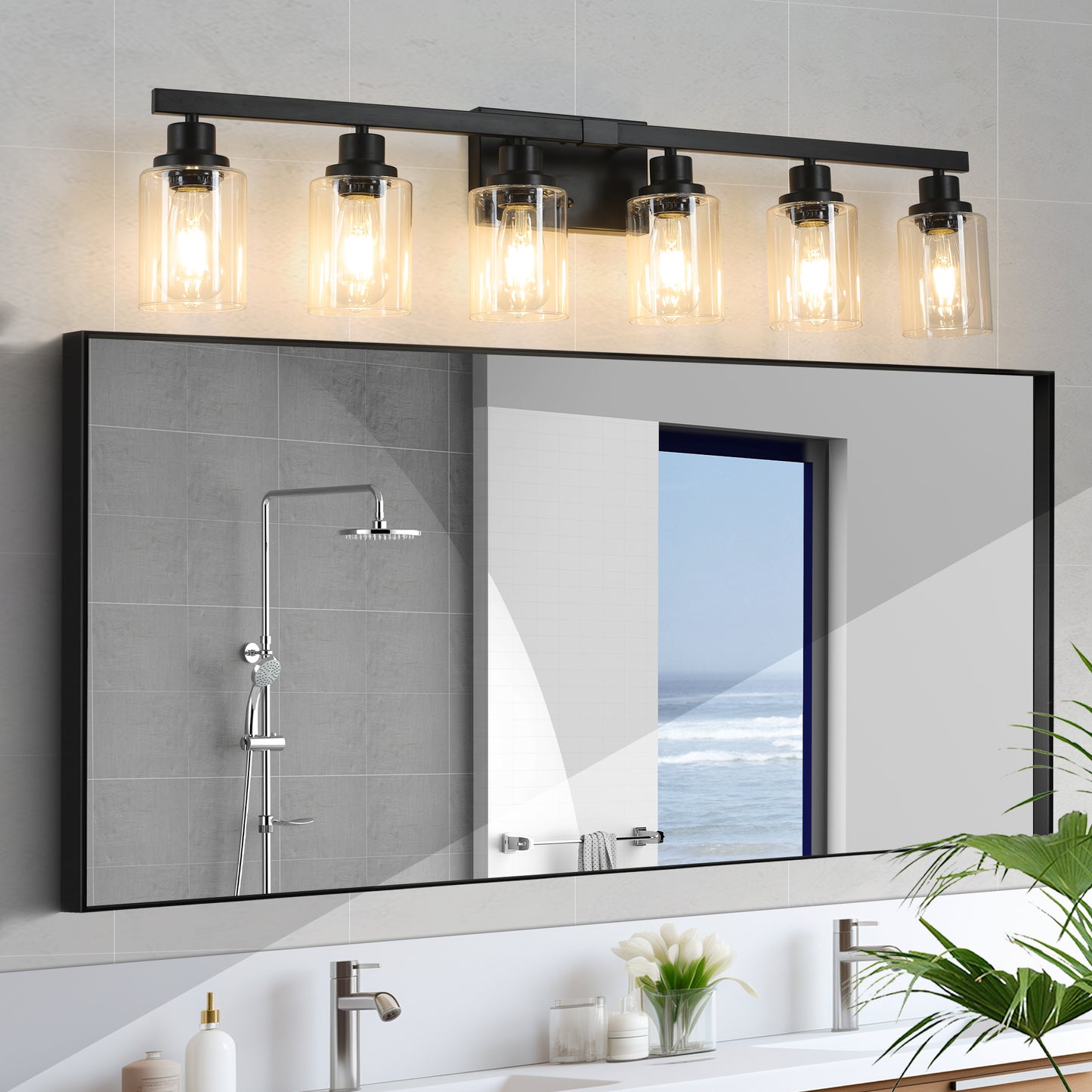 37 Modern 6-Light Bathroom Vanity Light Fixture - Black Finish With Clear Glass Shades, Perfect For Bathroom, Vanity, And Dressing Area Lighting No Bulbs