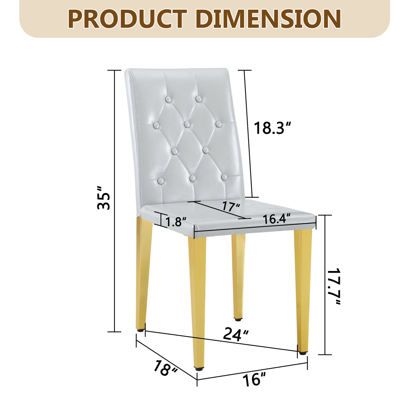 4-piece Set Of Light Grey PU Dining Chairs,Ergonomically Designed Buckle Backrest, 35 Inches High, Gold Metal Legs, Combining Comfort And Texture.Suitable For Family Restaurants, Banquet Hall, Etc.