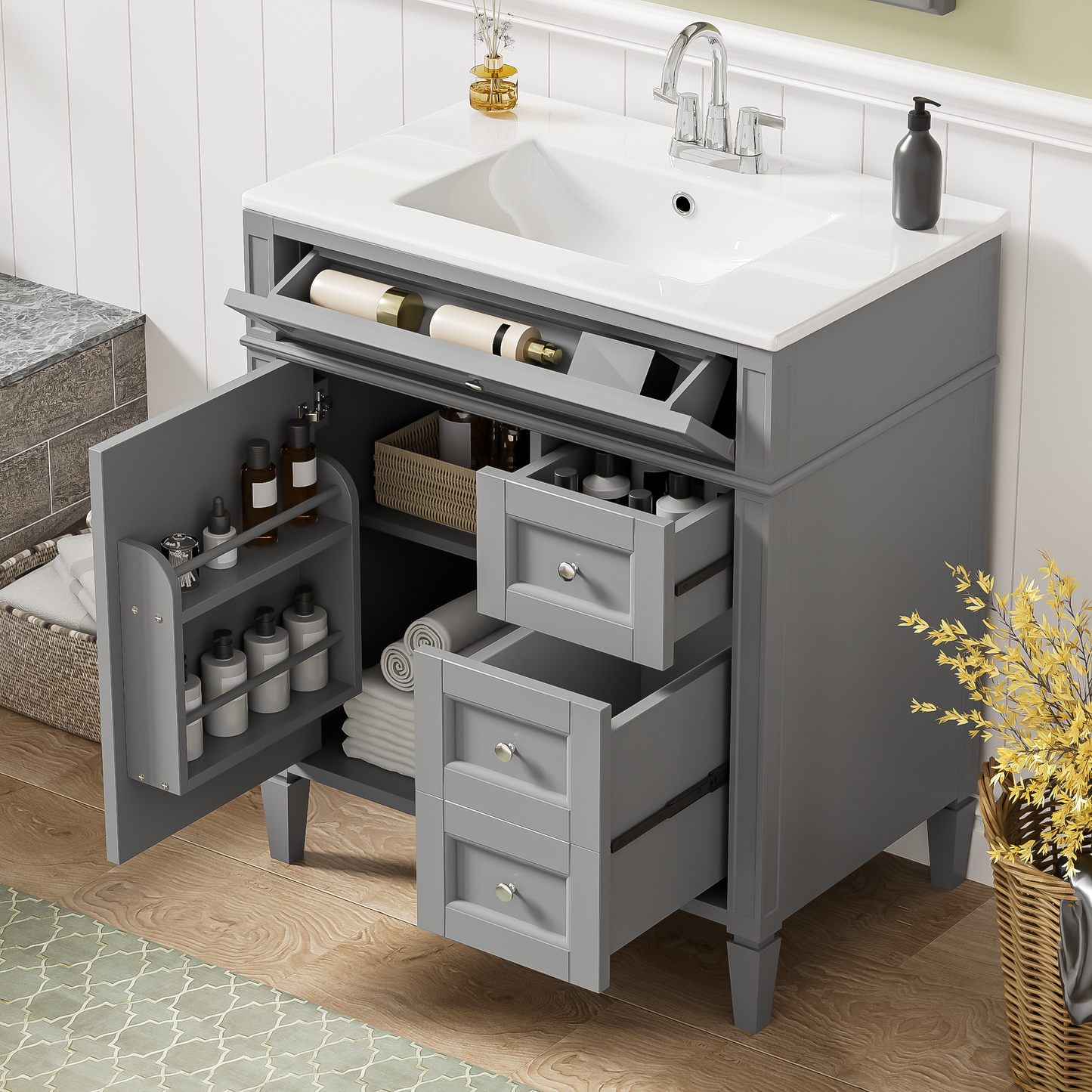 30 Bathroom Vanity With Top Sink, Modern Bathroom Storage Cabinet With 2 Drawers And A Tip-out Drawer, Single Sink Bathroom Vanity