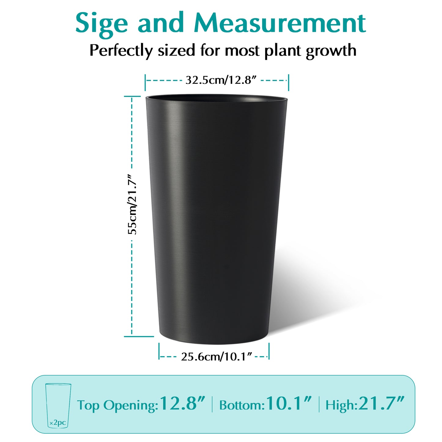 2 Pack Tall 21.7 In Planters For Outdoor Plants Modern Tall Square Planter Box Indoor Outdoor Porch Patio Flower Pot Modern Big Tapered Matte Tree Flower Pot For Garden, Black