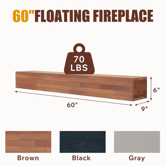 60 Rustic Wood Fireplace Mantel, Wall-Mounted & Floating Shelf For Home Decor