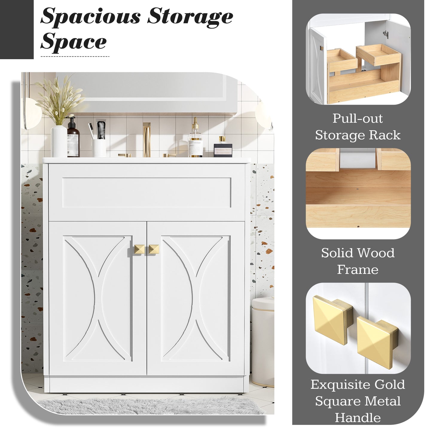 30 Bathroom Vanity With Ceramic Sink Combo, Modern Freestanding Storage Cabinet With Gold Handles,Soft Closing Doors