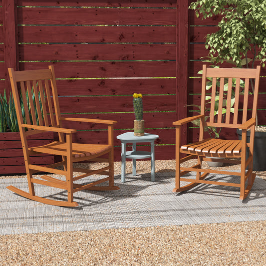 Outdoor Rocking Chair Set Of 2, Patio Wooden Rocking Chair With Smooth Armrests, High Back For Garden, Balcony, Porch, Supports Up To 352 Lbs, Teak