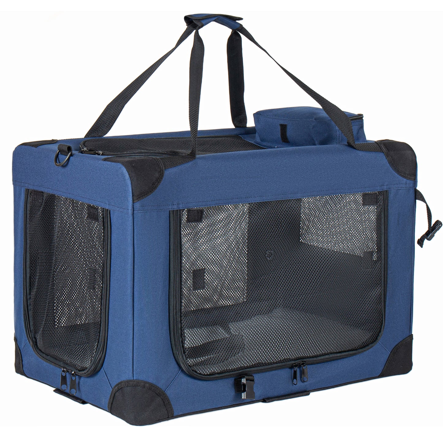 40 Soft Dog Crates Kennel, 3-Door Portable Folding Pet Carrier With Mesh Windows, Straps And Fleece Mat For Dogs, Cats, Rabbits, Meeting The Needs For Indoor, Outdoor, And Travel Use, Dark Blue