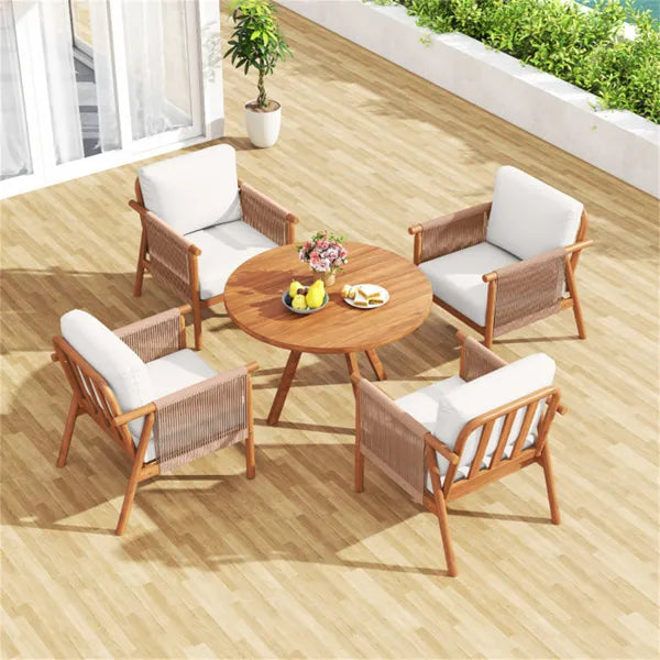 White Boho Patio Acacia Wood Chair With Woven Rope Armrests, Cushioned Outdoor Accent Chair For Porch Balcony