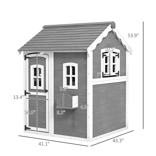 Outdoor Wooden Playhouse For Kids With Floor, Door, Windows, Planter Box For 3-8 Years Old, Backyard, Lawn, Garden