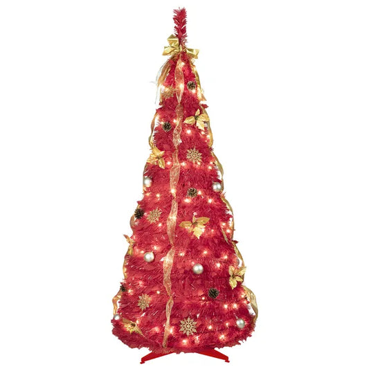 Artificial 6ft Red Pop-Up Christmas Tree With 150 Lights,4 Ribbons,1 Large Bow,12 Christmas Flowers,12 Snowflakes,12 Pine Cones,12 60MM Balls Indoor Holiday Decorating