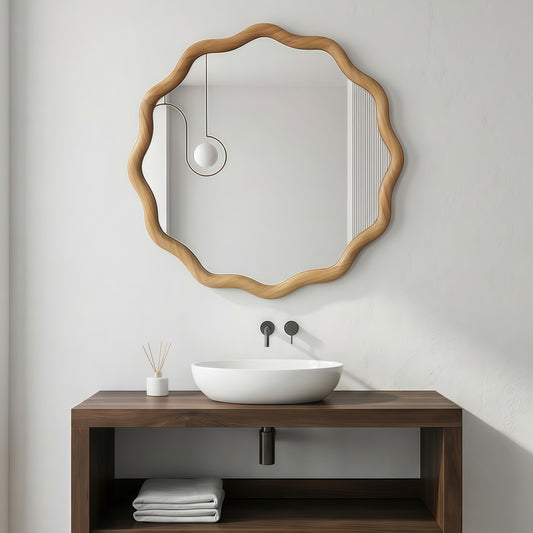 Oak Color 24 Inch Wavy Round Solid Wood Frame Decorative Mirror,For Bedroom, Bathroom, Living Room, Entryway