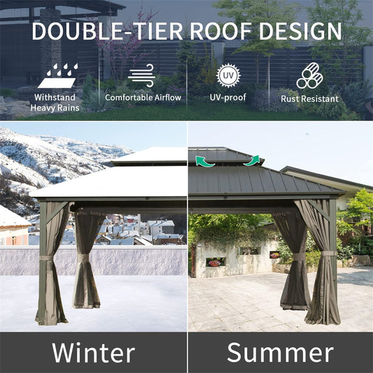 12 X 14 Hardtop Gazebo, Aluminum Metal Gazebo With Galvanized Steel Double Roof Canopy, Curtain And Netting, Permanent Gazebo Pavilion For Patio, Backyard, Deck, Lawn