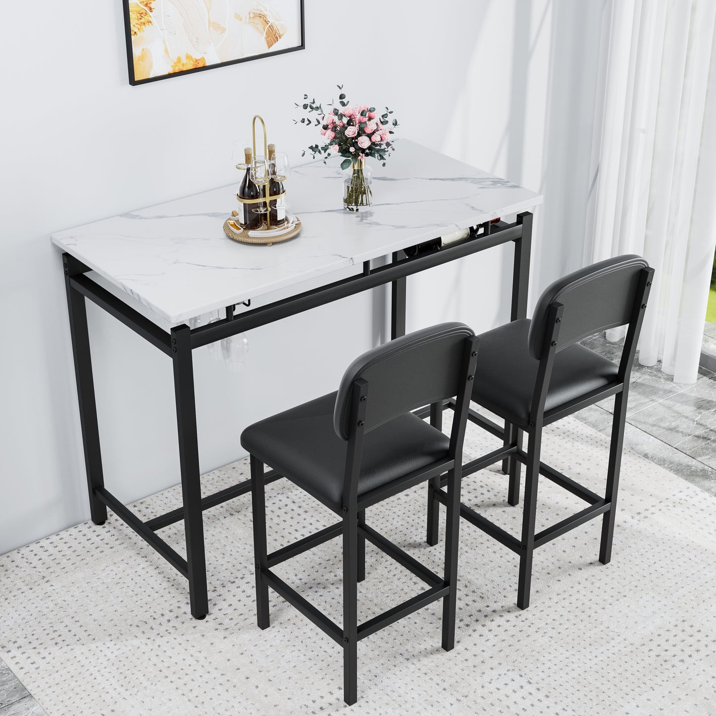 Kitchen Table Set, Dining Table And Chairs For 2, 3 Piece Dining Room Table Set With 2 Upholstered Chairs, Bar Dining Table Set For Small Spaces, Apartment, Breakfast, Pub, Rustic Black
