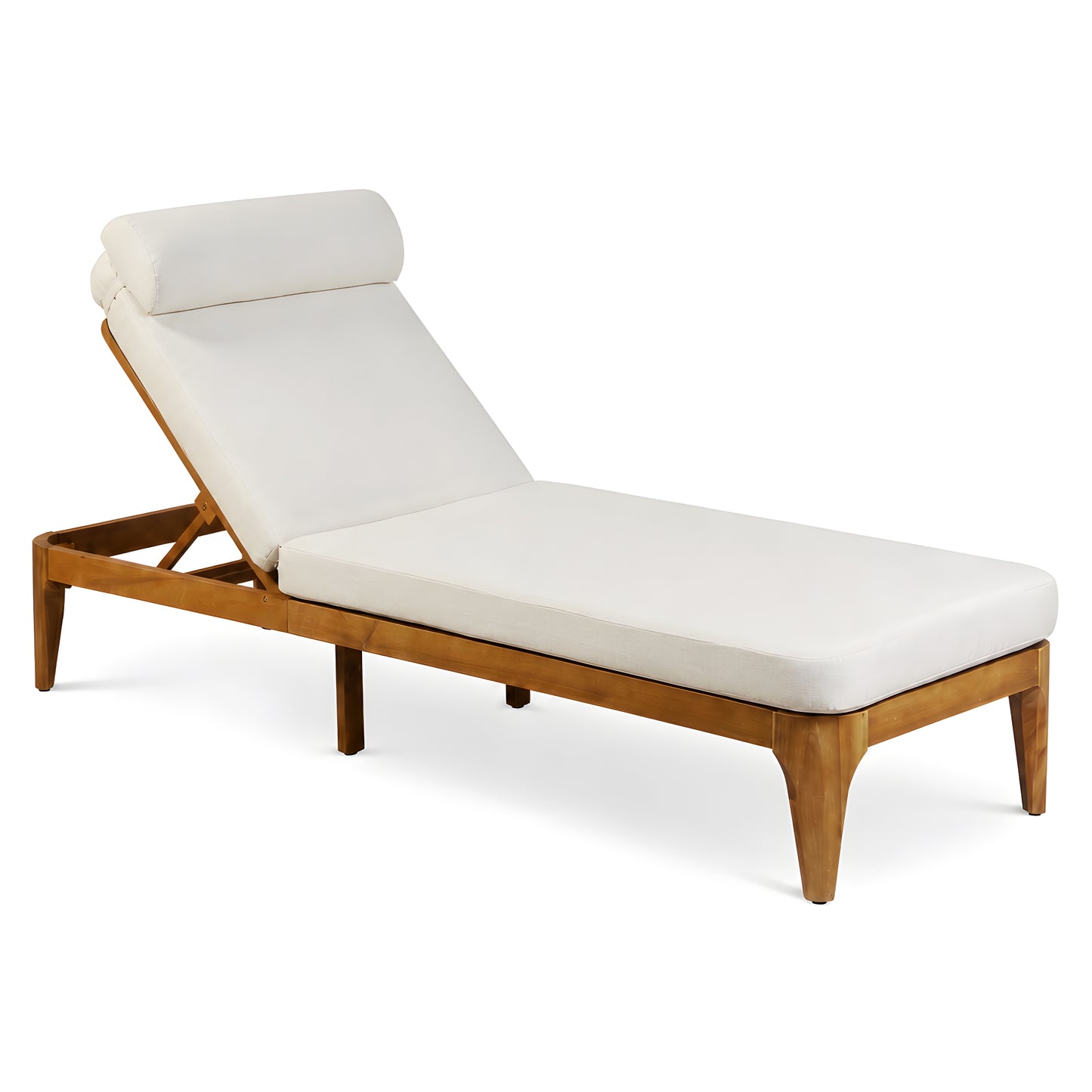 TOPMAX Acacia Wood Chaise Lounge, Outdoor Sun Lounge Chair, Patio Recliner With Adjustable Backrest And Head Pillow For Poolside, Backyard, Garden, Indoor&Outdoor, Beige